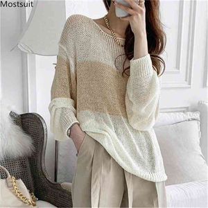 Estate Casual See Through Knit Tops Donna Maglione sciolto sottile Coreano Ladies Jumpers Manica lunga O-Collo Pull Sexy Femme Pullover 210513