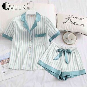 Cute Womens Pajamas Sleepwear Two Piece Set Silk Pijama Satin Short Sleeve Shirt Night Suits Student Pyjama Summer Homewear 210330