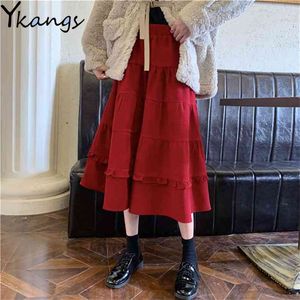 Red Corduroy Raffle Plised Spódnica Vintage Czarny Wysoki Talia Ciasto A-Line Długie Kobiety Wiosna Koreański Solid Color Saia 210421