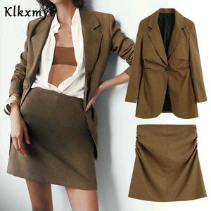 Klkxmyt dois pedaços conjuntos mulheres inglaterra estilo férias casuais blazer jaquetas feminino sexy mini saia faldas definir 210527