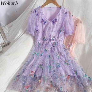 Women Dress Korean Sequined Butterfly Robe Sweet Gauze Elegant High Waist Vestidos Summer Puff Sleeve V-neck Mini Dresses 210519