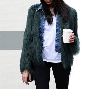 冬の偽の毛皮のコート女性のフェイクピンクのジャケット長袖ふわふわのアウターウォームライ麦毛深いオーバーコート211220