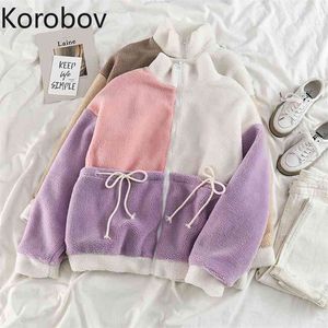 Korobov Korean Preppy Style Women Hit Color Patchwork Coats Vintage Streetwear Winter Outwear Jackets Turtleneck Coat 210430