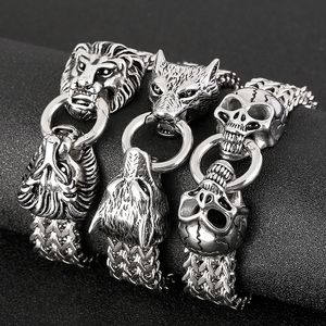 Large 18mm 8.8 inch Silver Biker Men's Franco Chain Bracelet stainless steel Wolf Head Bangle With Spring Loop clasp Heavy