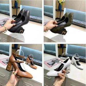 Damen Leder Designer High Heels sexy dicker Absatz Rosshaar Metallschnalle 6,5 m Kleid Schuhe Luxurys Damen Hochzeitskleid Brief Schuhe Schwarz 34-42 18-5