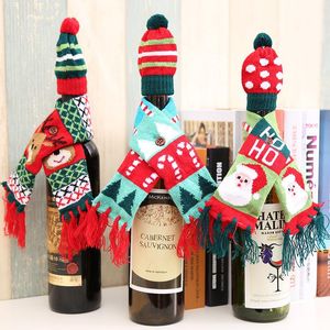 NEWChristmas Mini Hat Scarf Set Wine Bottle Decoration Santa Claus Cap Xmas Cartoon Elk Knitted Tassel Scarves Beer Bottles Decor LLE9090