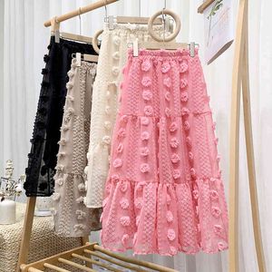 Vintage Cotton linen fluffy skirts summer high waist slim solid color stitching elastic cake women 210420