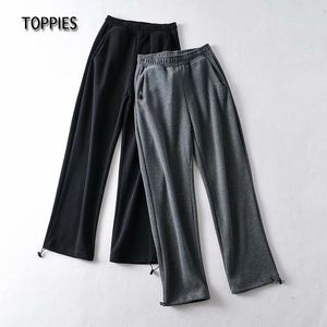 Toppies casuais de malha calça de moletom cinzento preta alta cintura corredor calças de fundo ajustável calças femininas 210412