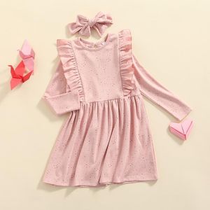 Mädchenkleider, 2-teiliges Frühlings-Kinder-Freizeitoutfit, langärmeliges Kleid mit rosa Sternmuster und Schleifenknoten-Kopfschmuck für Mädchen, 18 Monate bis 6 Jahre