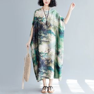 ジョニー教徒の女性中華風のドレスプラスサイズの夏の服O ネックバットスリーブビンテージ女性のドレス210521