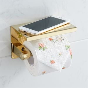 Rostfritt stål toalettpapper hållare med telefon hylla badrum toalettrull pappershållare badrum tillbehör enkel design 210720