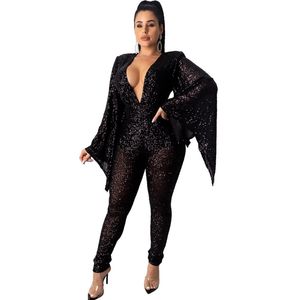 Women Sexy Jumpsuit Sequined Sparkle Glitter Flare Sleeves Bodycon Deep V Neck Black Green Clubwear Night Out Female Large Size 210416