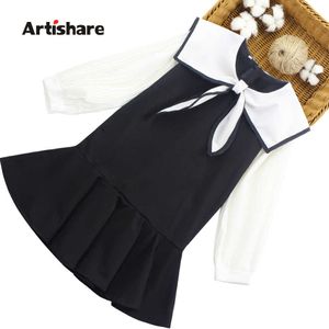 Adolescente Vestido Girl Bow Girls Vestidos Patchwork Criança Criança Estilo Casual Crianças Traje 6 8 10 12 14 Q0716