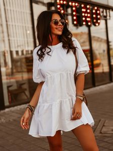 Sommar klänning boho puff ärm kvinna klänning söt elegant fritid lösa ruffles mini klänningar kvinnor robe femme vit klänning 210521
