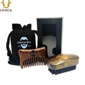 MOQ 100 Sets OEM Logotipo Personalizado Mini Retro Cabelo Beard Beard Grooming Terns Beards Brush e Madeira pente Kits de viagem pequenas