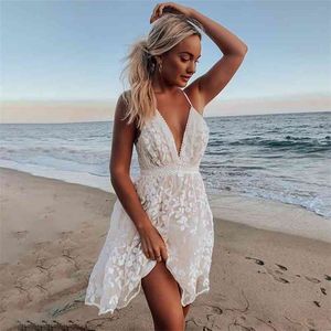 Mode Weiße Stickerei Blumenkleid Frauen Backless Tüll Mesh Short Chic Boho Strand Stil Sommer Mini Vestido 210427