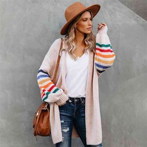 Fitshinling Rainbow Striped Boho Cardigan Winter Long Coat Kvinna Knitwear Pink Slim Sweaters Cardigans för Kvinnor Kläder 210805