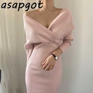 Herbst Winter Kreuz V-ausschnitt Sexy Off Schulter Schlank Hohe Taille Wrap Hüften Gestrickte Pullover Bodycon Mantel Kleid Frauen Elegante sanfte 210610