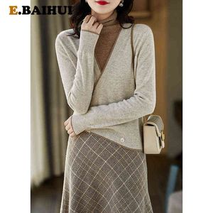 EBAIHUI Fake Two-piece Sweater Women Spring Autumn Knit Pullover Sweaters Woman Casual Loose Solid Bottoming Tops with Buttons Y1110