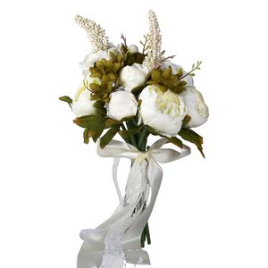 Konstgjord vit brudbukett brud bröllop blommor grönt blad band bow-knot romantisk buque de noiva rosa ww5561