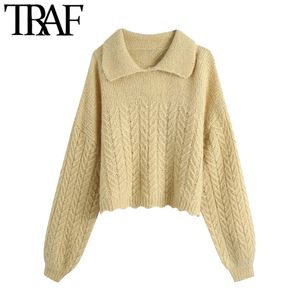 TRAF Women Fashion Loose Asymmetric Cropped Knitted Sweater Vintage Lapel Collar Long Sleeve Female Pullovers Chic Tops 210415