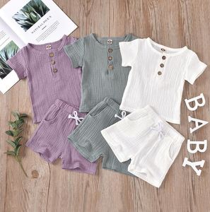 Малыш детская одежда детские мальчики летняя повседневная одежда комплекты хлопчатобумажной и льняной рубашки сплошной футболки с коротким рукавом Topspants Outfit Multicolor 2PCS набор WMQ1264