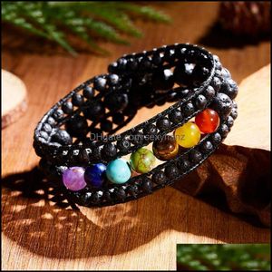 Strängar armband rinhoo 1pc svart vulkaniska stenpärlor colorf sju chakras läder repkedja armband för kvinnors modesmycken gåva bea