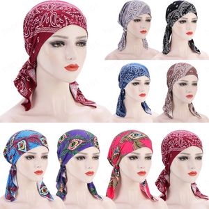 Berretto da donna con turbante elasticizzato in cotone con stampa floreale, sciarpa pre-legata, cappello da chemio, accessori per capelli da donna