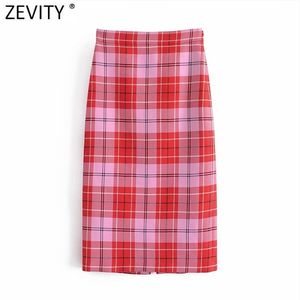 Zevity Women Vintage Red Plaid Print Casual A Line Midi Skirt Faldas Mujer kvinnlig sida Zipper Split Bantning Vestidos QUN743 210629