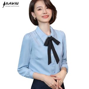 Açık Mavi Şifon Gömlek Kadın Yay Tasarım Moda Bahar Mizaç Uzun Kollu Bluzlar Ofis Bayanlar Rahat Çalışma Tops 210604