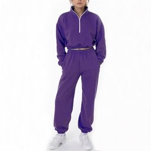 Women Half Zip Crop Fleece Sweatshirt And Jogger Co ord Winter Sweat Top & Sweatpant Set 210512