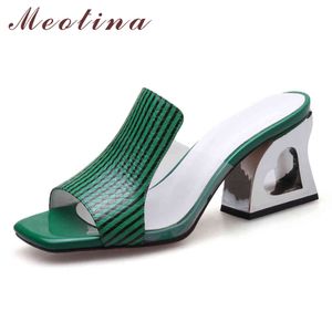 Kvinnor Skor Sommarglas Naturligt Äkta Läder Fretwork Heels Striped Transparenta Tofflor Kvinnliga Sandaler 4 39 210517