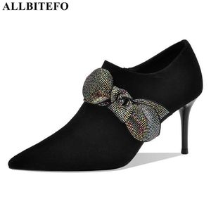 Allbetefo Bow-Knotデザインファッション女性のかかとの靴ソフトシープスキン本革ハイヒールの靴レディースパーティーの靴210611