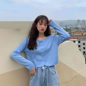 Kawaii Cropped Cardigans Women Knit Crop Sweater Top blue black Sexy s Cute Knitted Vintage Korean GD343 210506