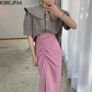 Korjpaa Kvinnor Sommar Sommar Retro Temperament Doll Collar Single-breasted Puff Sleeve Shirt Högvågig Pläterad Split Kjolar 210526