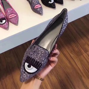 2021 Mais novo Party Designer Luxury Eye Slip Loafers Toe Shinny com Glitter Womens Womens Sapatos Sapatos Flat 35-40