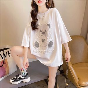 Hot Rhinestone T-shirt Women's Short Sleeve Plus Size Summer Bear Half Sleeve Top Loose Mid-length Tshirt Diamonds Graphic Tee X0628