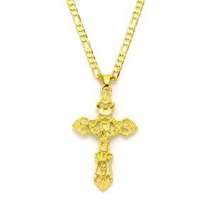 14k Yellow Solid Gold GF Italian Jesus Crucifix wide Cross Pendant Figaro Link Chain Necklace 24" Womens Mens 3mm