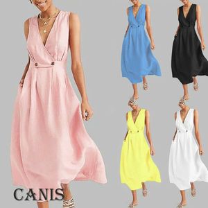 Ladies Women Summer Casual Solid Color Slim Fit Sleeveless V Neck Elastic Waist Holiday Sundress Beach Party Long Dress S M L XL Sarongs