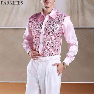 Mens Wave Pattern Sequin Club Party Shirts Stage Prom Button Down Chemise Homme Dance Host Chorus Shirt Male Pink 210522