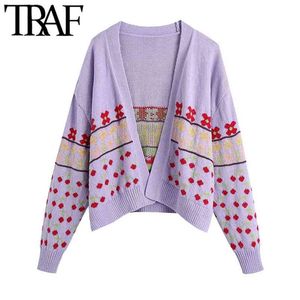 Women Fashion Jacquard Knit Open Cardigan Sweater Vintage Long Sleeve Ribbed Trims Female Outerwear Chic Tops 210507