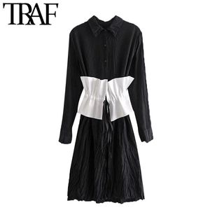 Traf Women Chic Fashion with Sashes Pleated Midi Shirt Dress Vintage Long Sleeve Side Vents Female Dresses Vestidos 210415