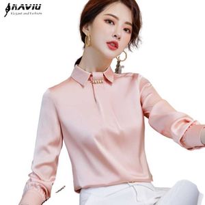 Rosa sidenskjorta Kvinnor Hösttemperament Modedesign Chiffong Långärmade blusar Kontor Damer Formell arbetströjor 210604