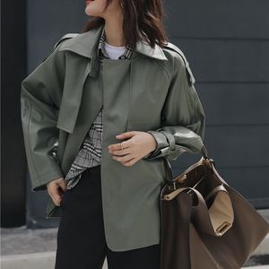 Harajuku Matcha-green Women Retro Motorcycle PU Leather Plus Vintage Lace-Up Jackets Chic All-Match Female Outwear 210421