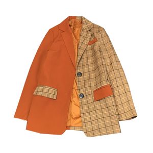 Spring Women'Vintage Blazer البريطانية تحقق لون مطابقة منقوشة سترة الأزياء على النقيض عارضة بدلة صغيرة النساء 210510