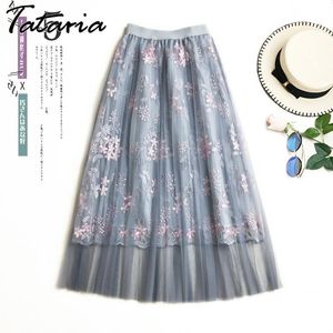 Floral Embroidery Skirts Women A-line Lace Mesh Elegant Long Pleated for Midi Female Korean 210514