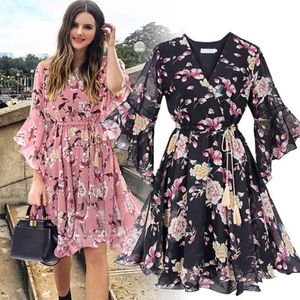 Neuankömmlinge Frauen Fashion Casual Woman Kleid Chiffon Blumendruck Kurzarm V-Ausschnitt Partykleid x0521