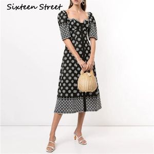 Kobieta Sukienka Singe Breasted Square Collar Krótki Rękaw Czarny Vestido Vintage Eleganckie Party Dress Kobieta Dorywcza Jesień 210603