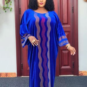 African Women Dress Gold Velvet Diamond Plus Size Stretchy O Neck Casual Loose Long Party Celebrity Blue Black Green Dresses