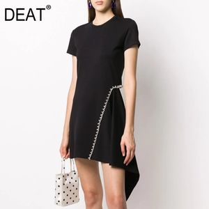 Heart Hollow Out High Waist Diamond Asymmetric Hem Short Sleeve Irregular Small Black Skirt Dress Summer GX1078 210421